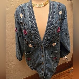 Vintage Embroidered Denim Jacket – 90s Cottagecore Floral